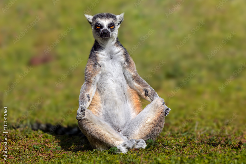 Obraz premium Lemur doing yoga with serious expression