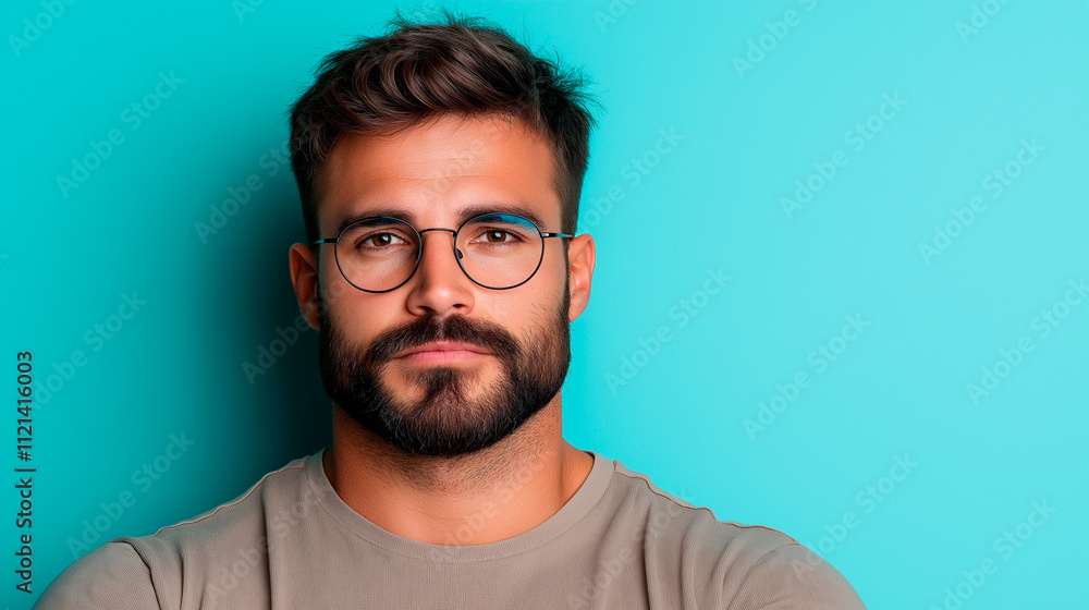Spanish man, young, with beard, posing for the camera on pastel blue studio background. Spanish man, young, with beard, posing for the camera on pastel blue studio background.