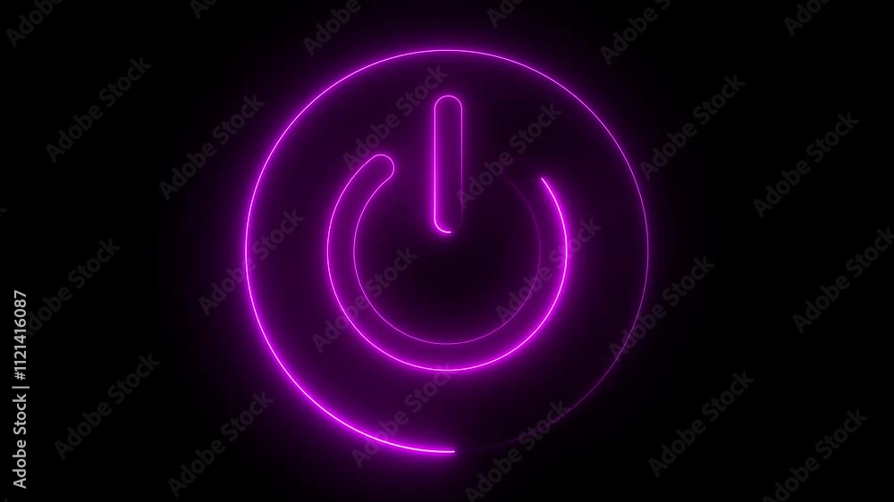 Neon glowing power button icon animated on a black background ,The appearance of neon symbol power off closed circle animated on black background