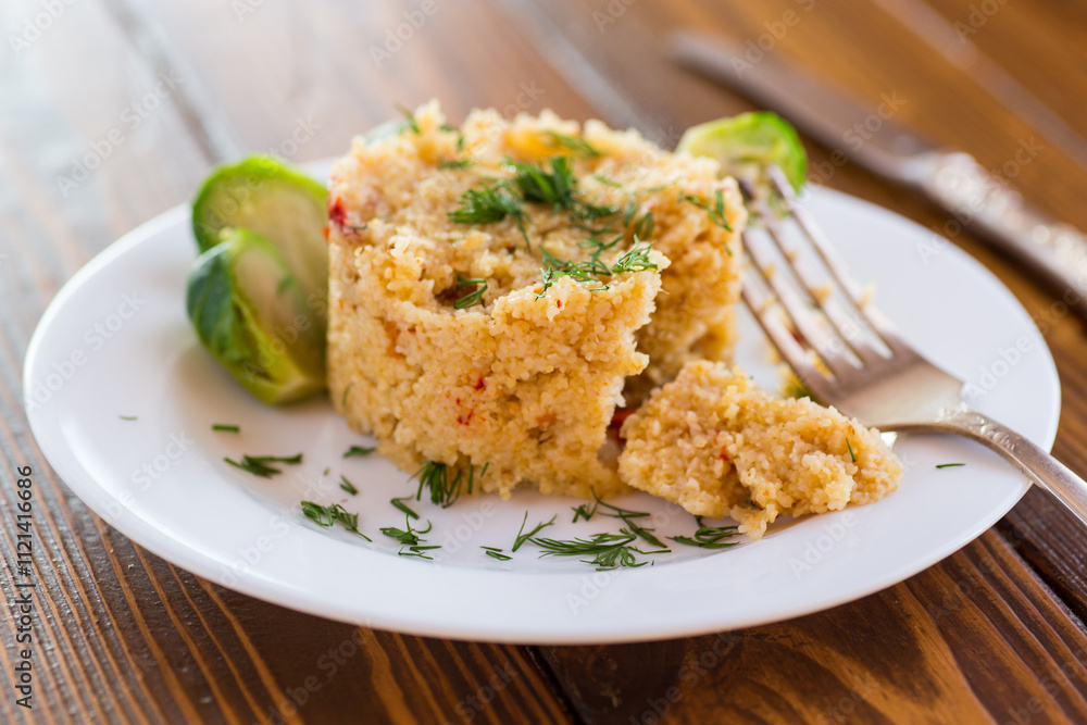 homemade cooked bulgur with Brussel sprouts in a plate, on a wooden table homemade cooked bulgur with Brussel sprouts in a plate, on a wooden table