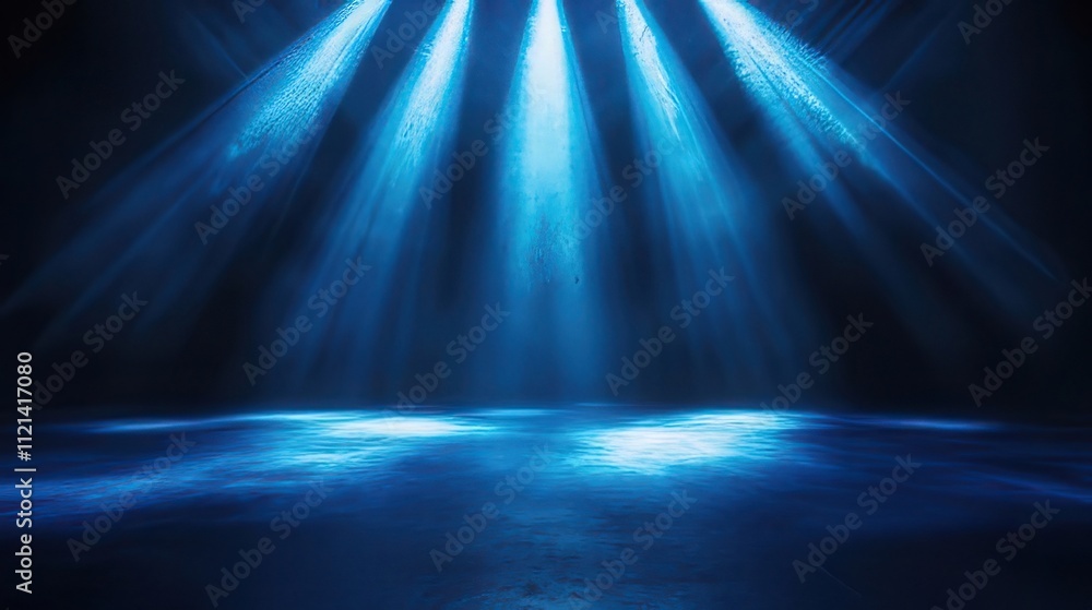 Dark blue studio background with spotlight beams. Dark blue studio background with spotlight beams.