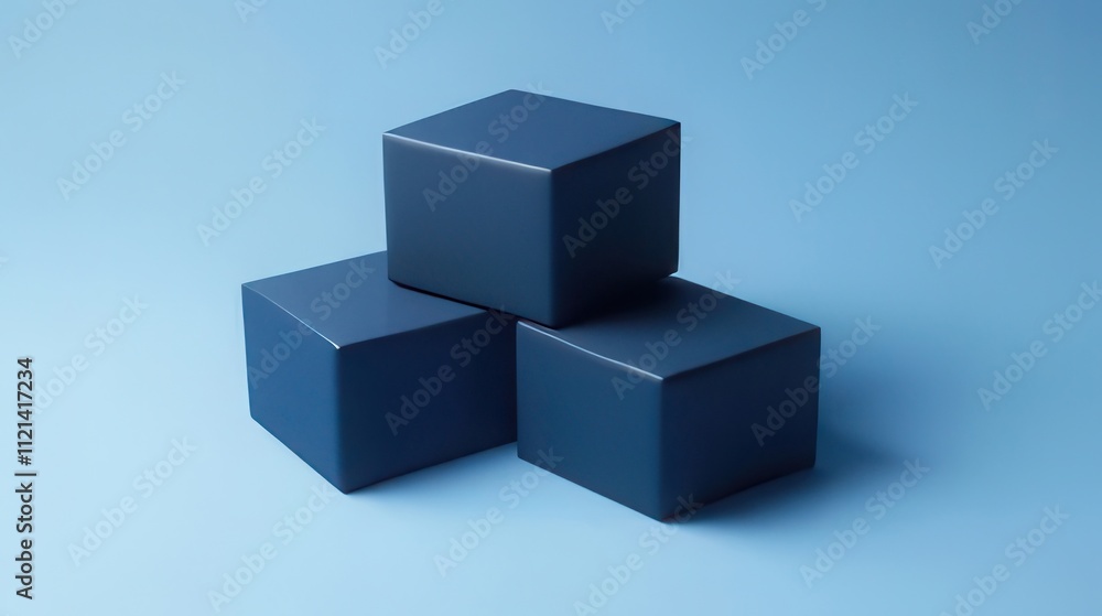 Three dark-blue cubes stacked on a light-blue background. Three dark-blue cubes stacked on a light-blue background.