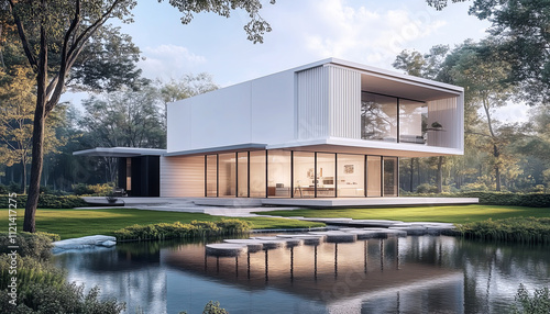 Modern two-story house with large glass windows, clean lines, surrounded by lush greenery near a serene pond. Sleek architecture emphasizes open spaces, natural light, golden-hour highlights