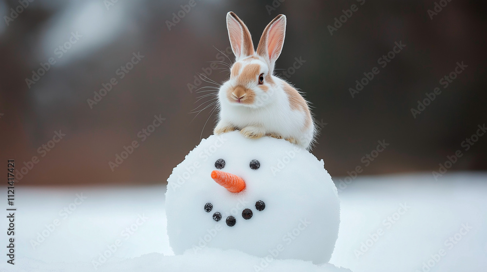 White bunny is sitting on the snowman White bunny is sitting on the snowman