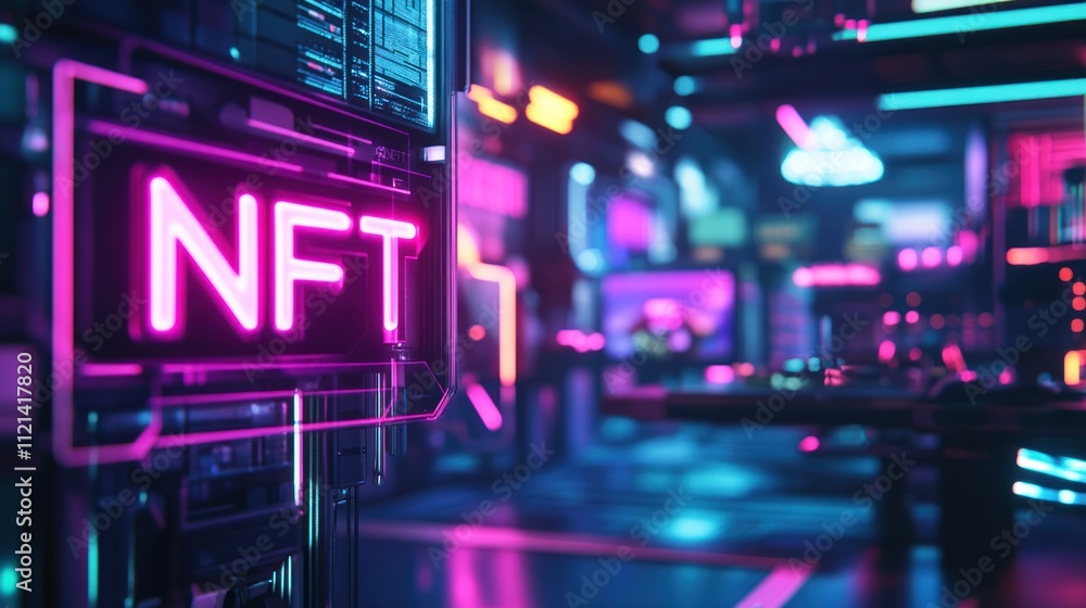 in sharp, neon letters, with a blurred cyberpunk card environment and virtual landscapes in sharp, neon letters, with a blurred cyberpunk card environment and virtual landscapes