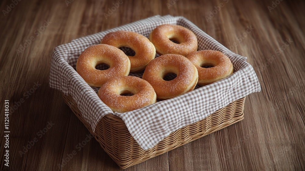 A delightful display of freshly baked donuts in a charming wicker basket, perfect for a sweet treat or breakfast. A delightful display of freshly baked donuts in a charming wicker basket, perfect for a sweet treat or breakfast.