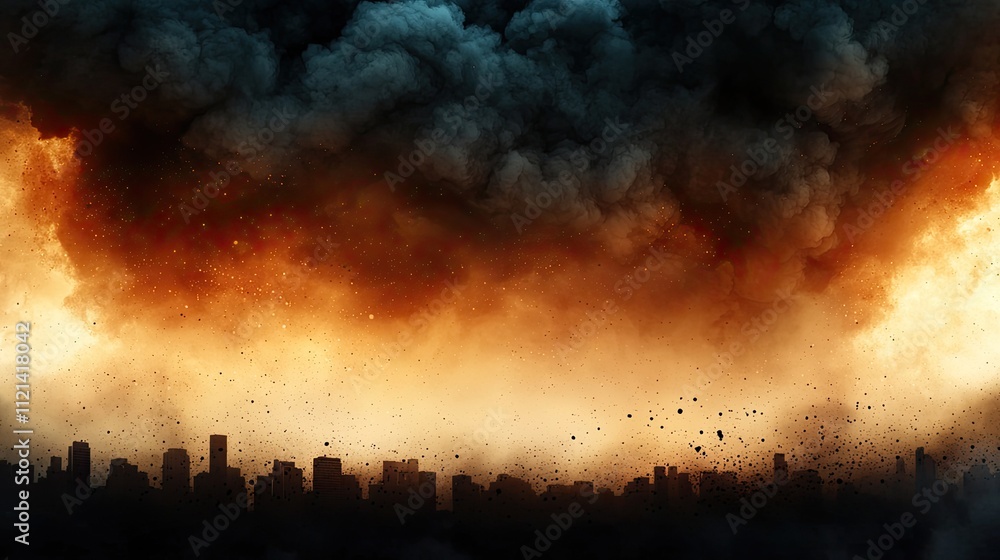 Environmental emissions concept. A dramatic scene of a city skyline overshadowed by dark, billowing clouds and fiery orange hues, suggesting an impending disaster or explosion. Environmental emissions concept. A dramatic scene of a city skyline overshadowed by dark, billowing clouds and fiery orange hues, suggesting an impending disaster or explosion.