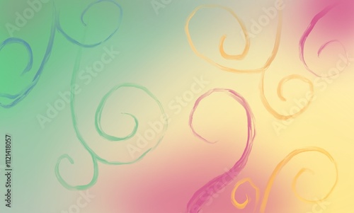 abstract spring background with green, pink and yellow blurry background and swirly curls