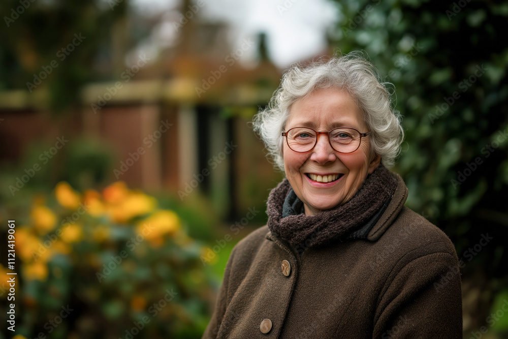 Smiling elderly woman with curly white hair and glasses in a garden with yellow flowers and greenery. Smiling elderly woman with curly white hair and glasses in a garden with yellow flowers and greenery.