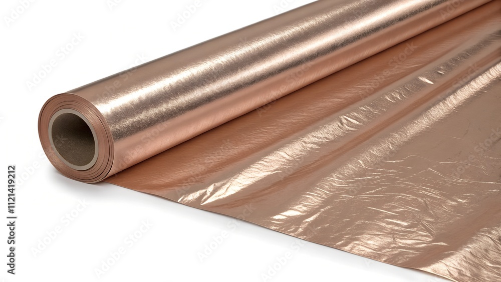 Roll of mocha mousse foil partially unrolled on a white surface. Smooth reflective texture for luxury wrapping or design projects Roll of mocha mousse foil partially unrolled on a white surface. Smooth reflective texture for luxury wrapping or design projects
