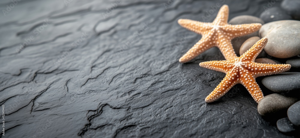 Starfish on textured black stone surface, natural decor, marine life, beach elements, pebbles, coastal theme, copy space for text Starfish on textured black stone surface, natural decor, marine life, beach elements, pebbles, coastal theme, copy space for text