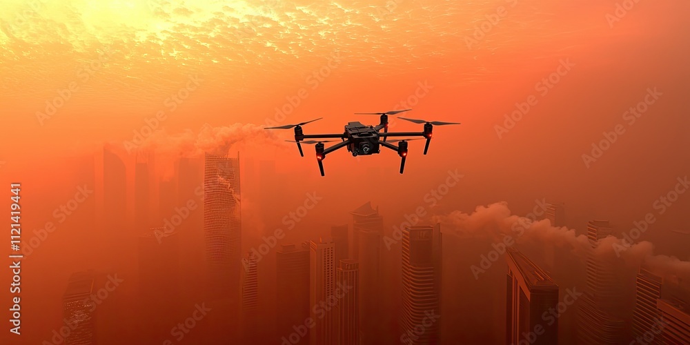 A drone soars over a city skyline at sunset, surrounded by a hazy atmosphere and vibrant orange skies, capturing a stunning blend of technology and nature. A drone soars over a city skyline at sunset, surrounded by a hazy atmosphere and vibrant orange skies, capturing a stunning blend of technology and nature.