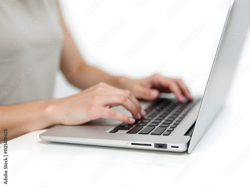 close up casual hand typing on laptop computer isolated on white background close up casual hand typing on laptop computer isolated on white background