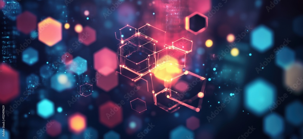 Abstract geometric shapes, vibrant colors, glowing hexagons and cubes, digital background, technology concept, copy space for text Abstract geometric shapes, vibrant colors, glowing hexagons and cubes, digital background, technology concept, copy space for text
