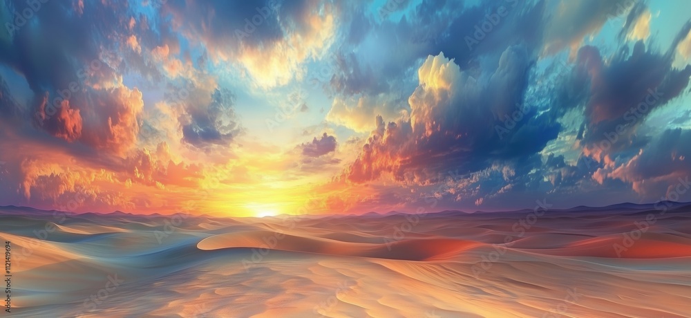 Vibrant sunset over desert landscape, colorful clouds, rolling sand dunes, warm hues, serene atmosphere, expansive horizon, copy space for text Vibrant sunset over desert landscape, colorful clouds, rolling sand dunes, warm hues, serene atmosphere, expansive horizon, copy space for text