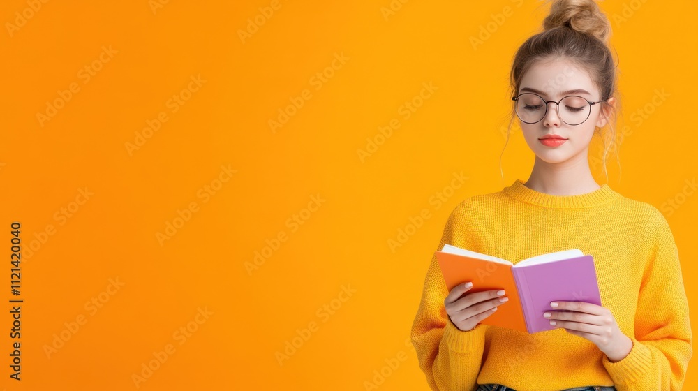 Fototapeta premium Young woman reading a book against a bright orange background.