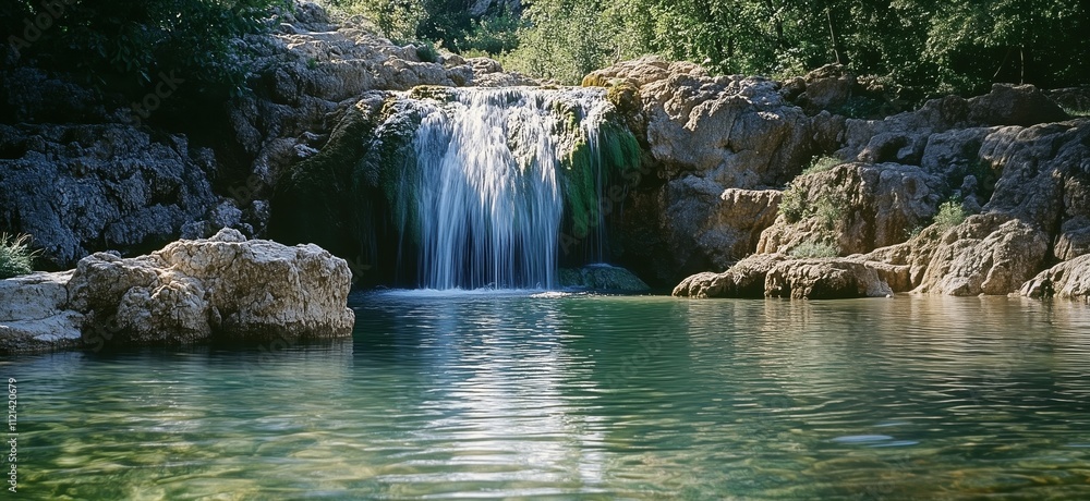 Naklejka premium Waterfall cascading over rocks into serene pool, surrounded by lush greenery, tranquil nature scene, copy space for text
