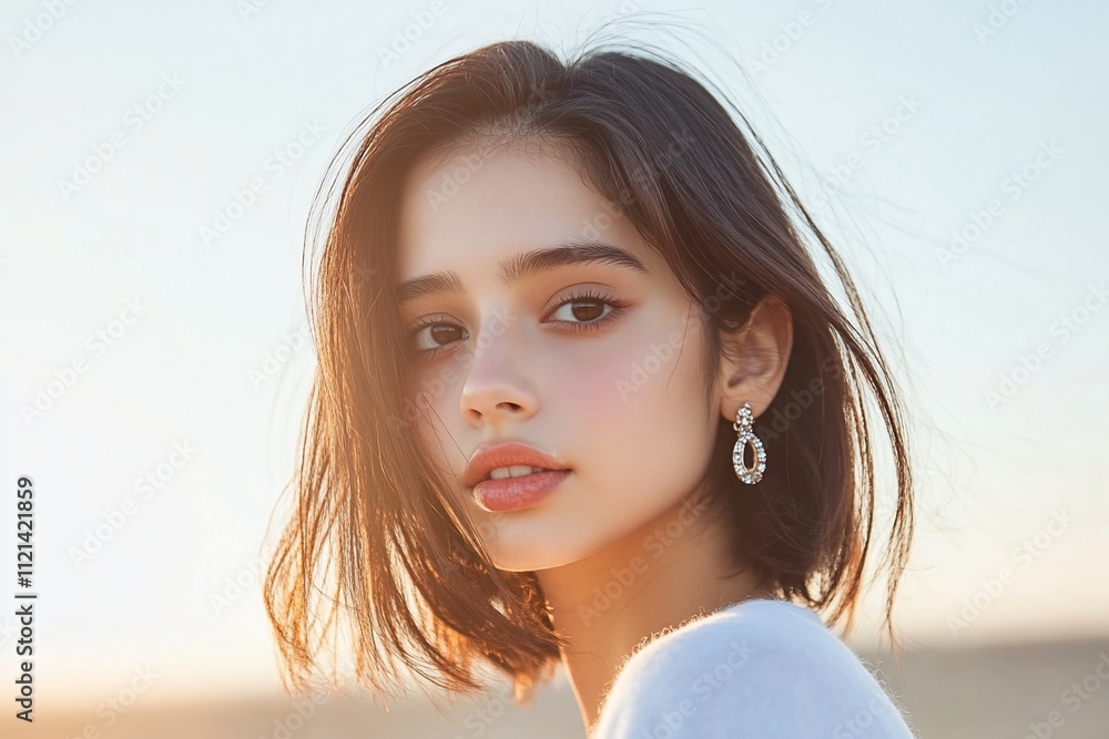 Young woman with shoulder-length hair, looking at the camera. Young woman with shoulder-length hair, looking at the camera.