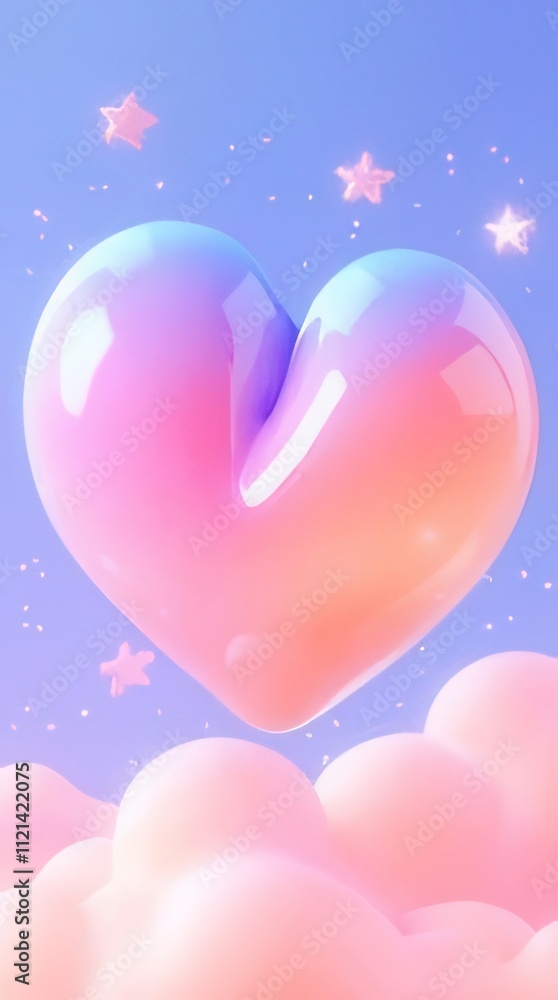 Pastel heart floating above pink clouds and stars. Pastel heart floating above pink clouds and stars.