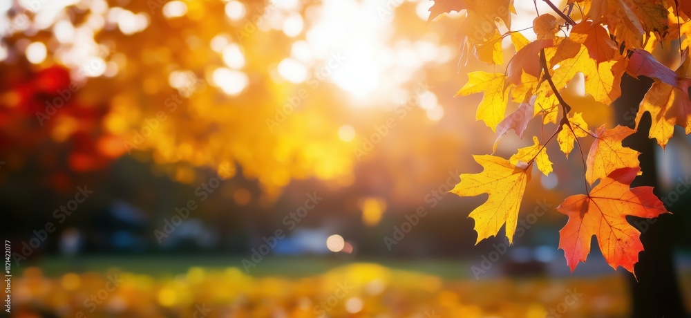 Autumn leaves glowing in sunlight, vibrant colors of orange and yellow, blurred background, warm atmosphere, copy space for text Autumn leaves glowing in sunlight, vibrant colors of orange and yellow, blurred background, warm atmosphere, copy space for text