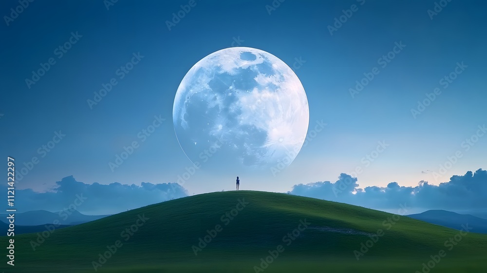 Silhouette of a figure against a giant moon on a serene hilltop at twilight.