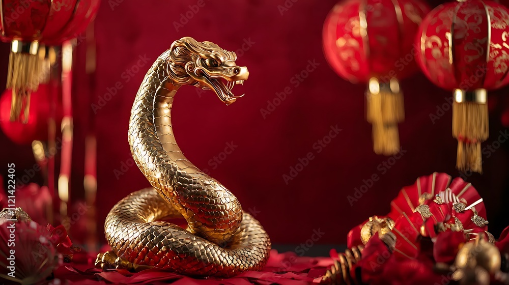 A gold snake is on a red background with red lanterns A gold snake is on a red background with red lanterns
