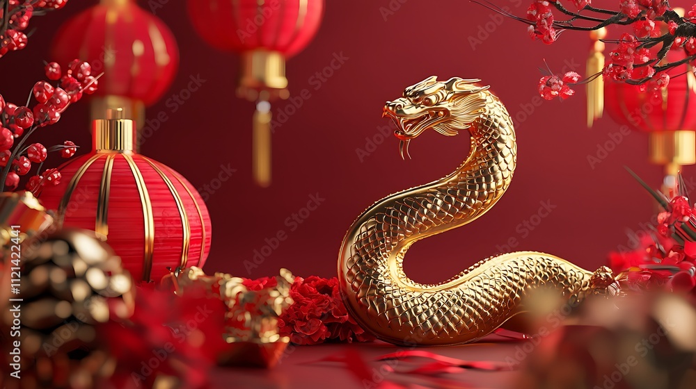 Obraz premium A gold snake is on a red background with red lanterns and other decorations