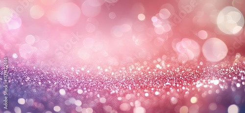 Bokeh background with sparkling glitter, soft pink and purple hues, blurred lights creating dreamy atmosphere, copy space for text