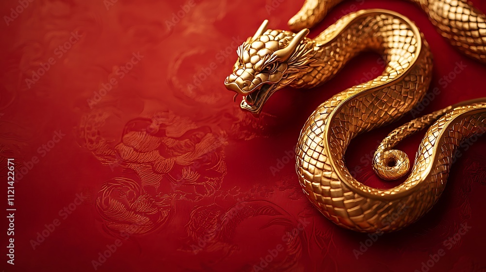 A gold snake is on a red background A gold snake is on a red background