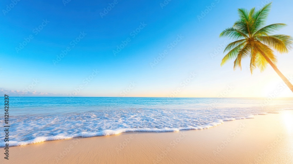 Serene beach scene with palm tree and gentle waves at sunset.