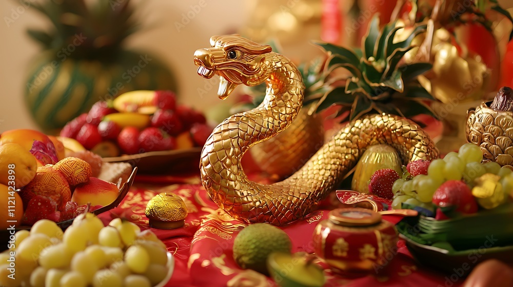 A table with a gold snake and a variety of fruits and vegetables A table with a gold snake and a variety of fruits and vegetables