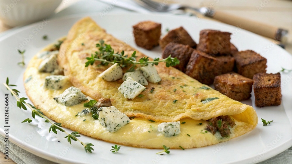 Omelets with blue cheese, rye croutons, and fresh thyme, served for a savory breakfast. Omelets with blue cheese, rye croutons, and fresh thyme, served for a savory breakfast.
