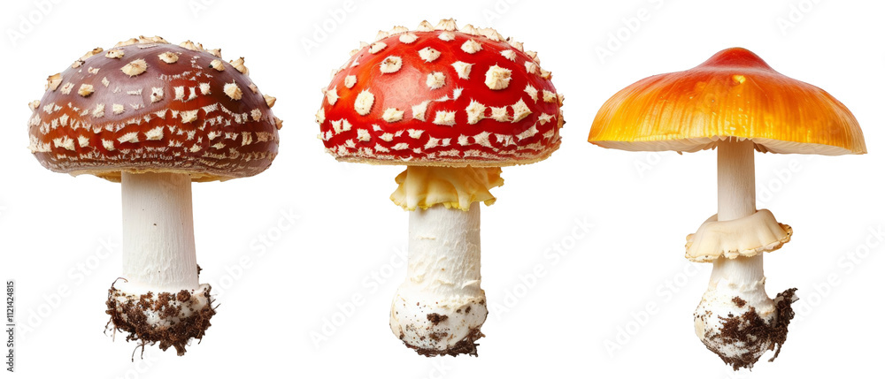 Three vibrant mushrooms with red, orange, and brown caps, isolated on white. Three vibrant mushrooms with red, orange, and brown caps, isolated on white.