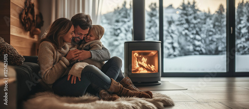 Familiy hug in warm living room with stove photo