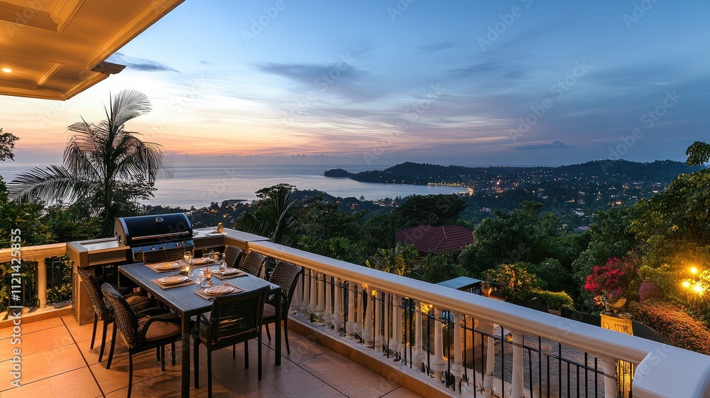 Fototapeta premium Scenic Outdoor Dining Area Overlooking the Ocean at Sunset, Featuring a BBQ Grill, Modern Furniture, and Lush Tropical Surroundings in a Serene Landscape
