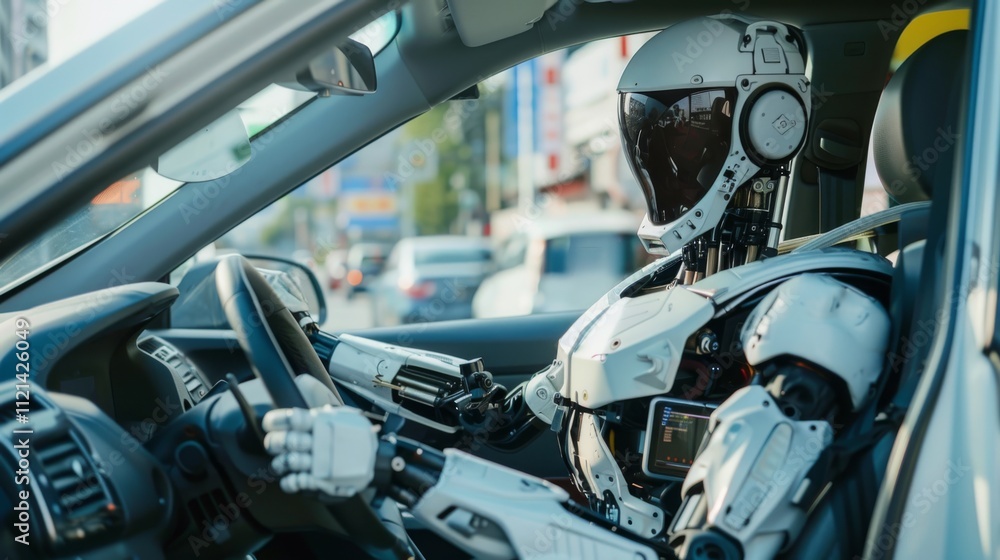 A humanoid robot is seated in the driver's seat of a vehicle. Concept of technology and automation. For tech innovation presentations. A humanoid robot is seated in the driver's seat of a vehicle. Concept of technology and automation. For tech innovation presentations.