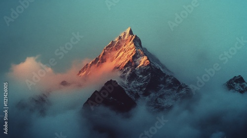 A majestic mountain peak looms amidst swirling clouds, painted with the first light of dawn, creating a breathtaking, serene scene. photo