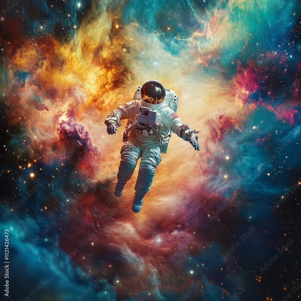 Space: A lone astronaut floating in space near a colorful nebula Space: A lone astronaut floating in space near a colorful nebula