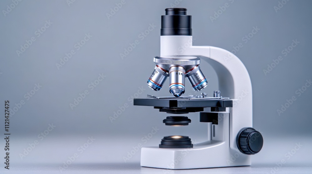 A modern microscope on a neutral background for scientific study. A modern microscope on a neutral background for scientific study.