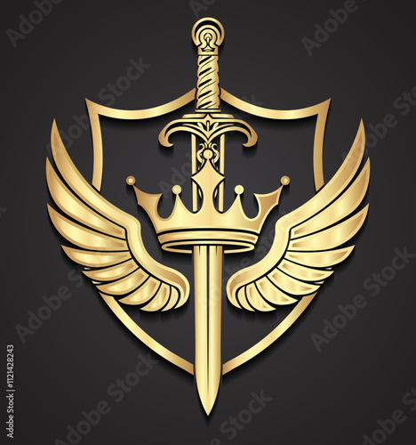 3d gold heraldry symbol with winged crown and sword logo