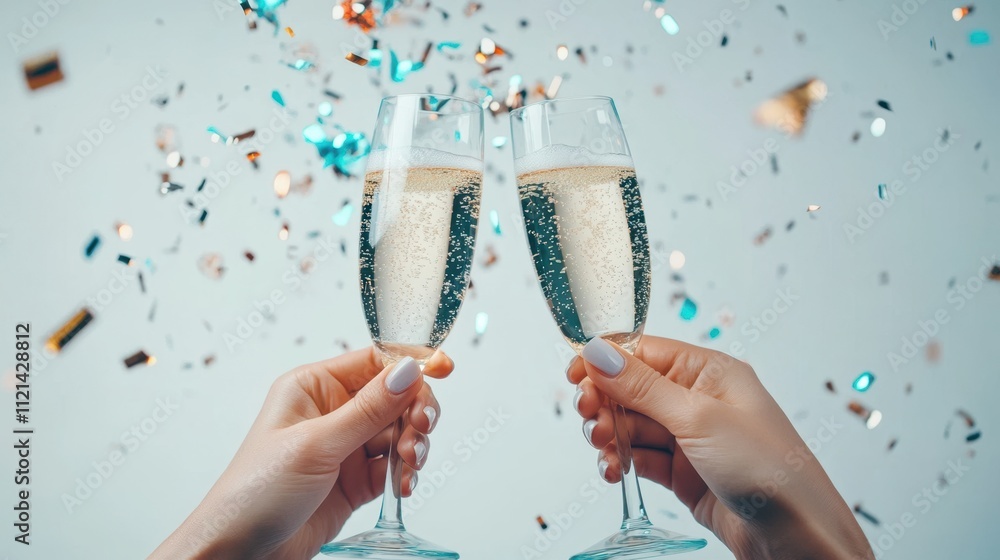 Φωτογραφία Two hands holding champagne flutes, clinking them together in a celebratory toast, surrounded by confetti and a light blue background