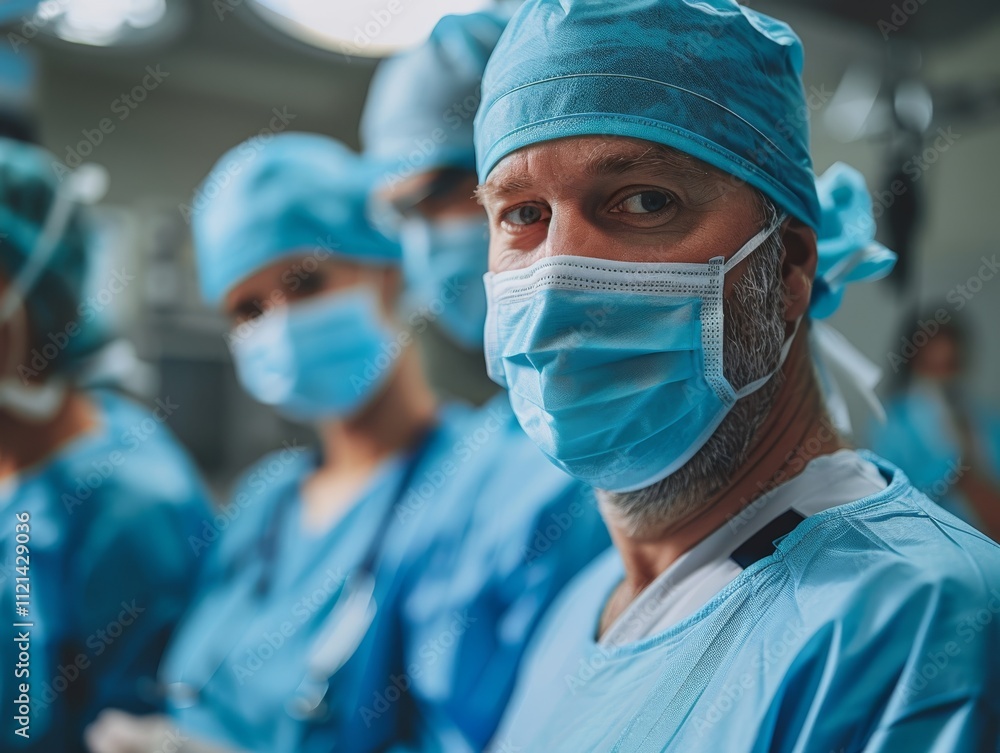 A group of surgeons in blue scrubs and masks in an operating room. Concept of medical professionals in action. For healthcare industry publications. A group of surgeons in blue scrubs and masks in an operating room. Concept of medical professionals in action. For healthcare industry publications.