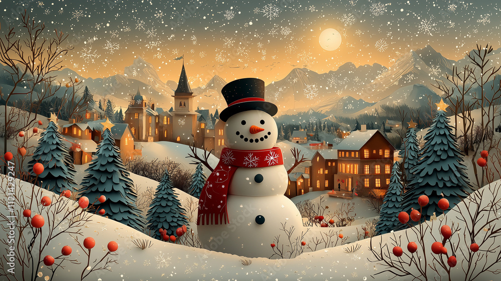 Obraz premium Illustration de Noël en paper art avec un bonhomme de neige festif