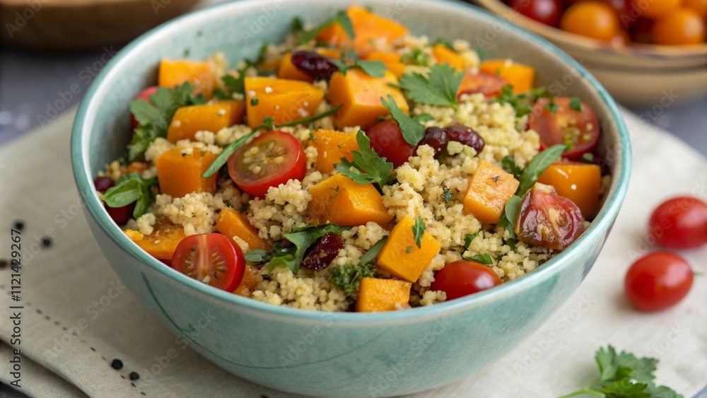 Quinoa pumpkin salad in a bowl, topped with fresh herbs, viewed from above. Quinoa pumpkin salad in a bowl, topped with fresh herbs, viewed from above.