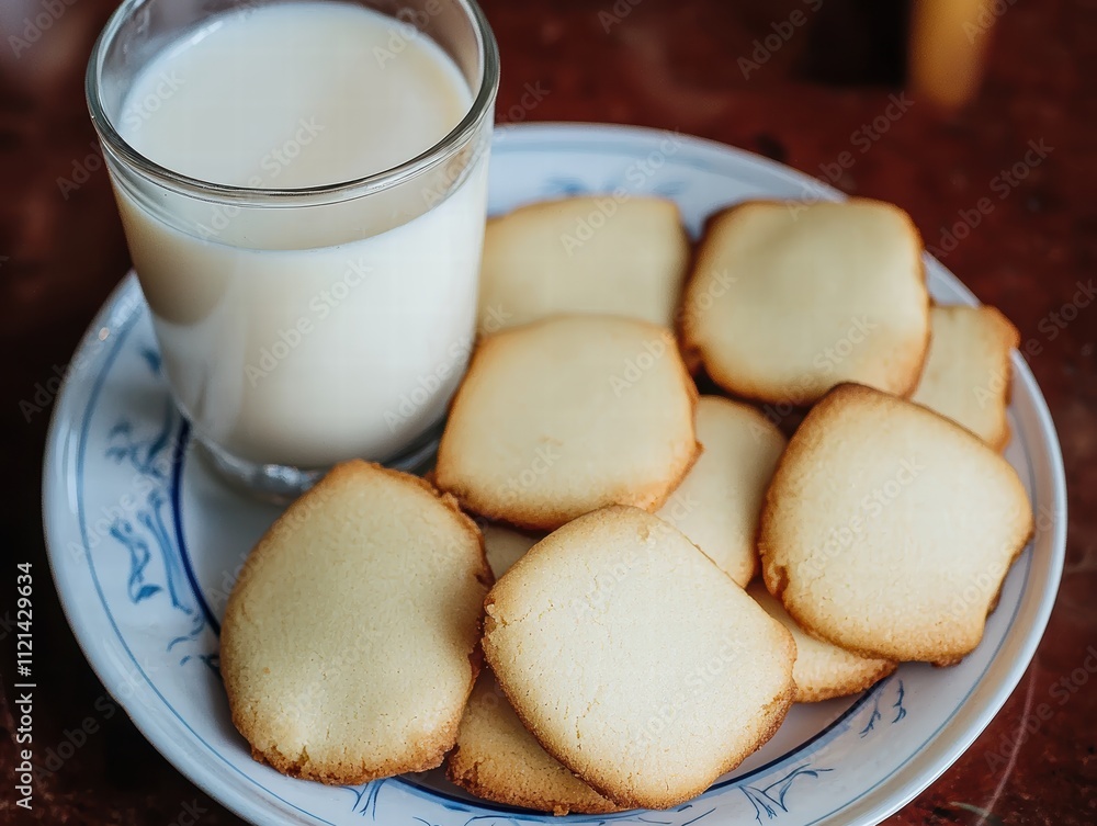 Delicious Butter Cookies Served with Glass of Fresh Milk Delicious Butter Cookies Served with Glass of Fresh Milk