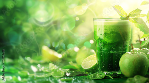 A tall glass of green juice, splashing, with a blurry background of greenery and sunlight.