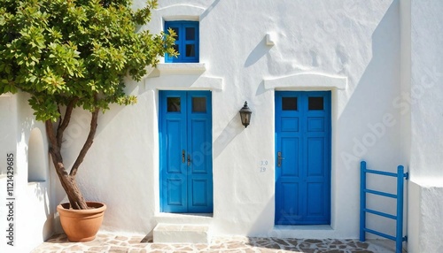 Fototapeta Naklejka Na Ścianę i Meble -  Traditional whitewashed house with blue door and windows in mykonos, greece