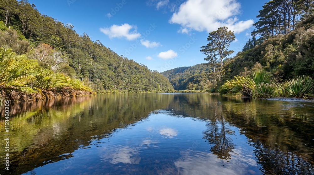 Serene river reflecting lush greenery and sky. Serene river reflecting lush greenery and sky.