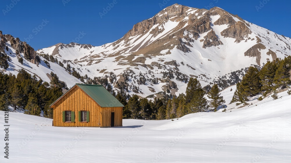 Fototapeta premium Snow-Covered Mountain Landscape with Wooden Cabin in Winter