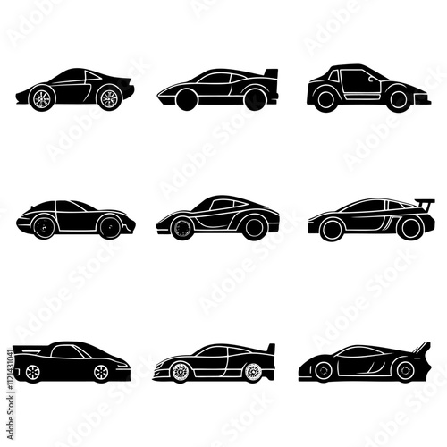 Collection of sleek sports car silhouettes in black, showcasing various models with aerodynamic designs.